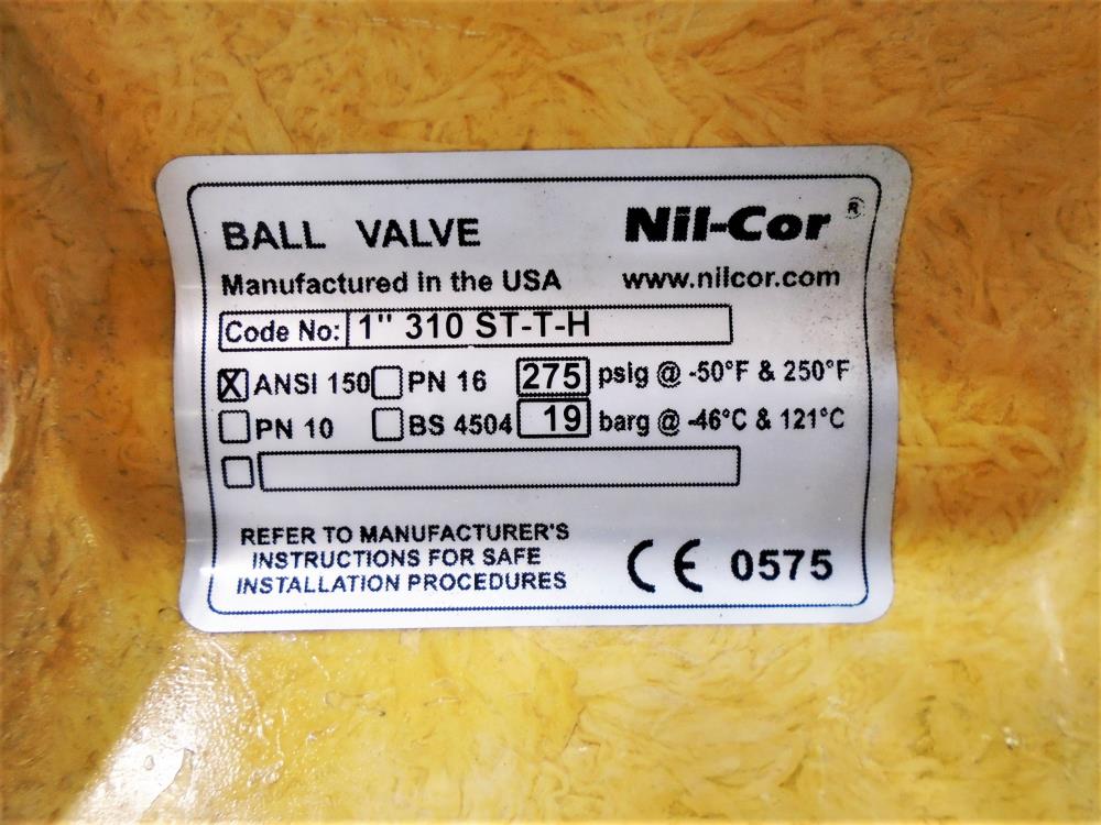 Nil-Cor 1" 150# Fiberglass Ball Valve, Code 1" 310-ST-T-H